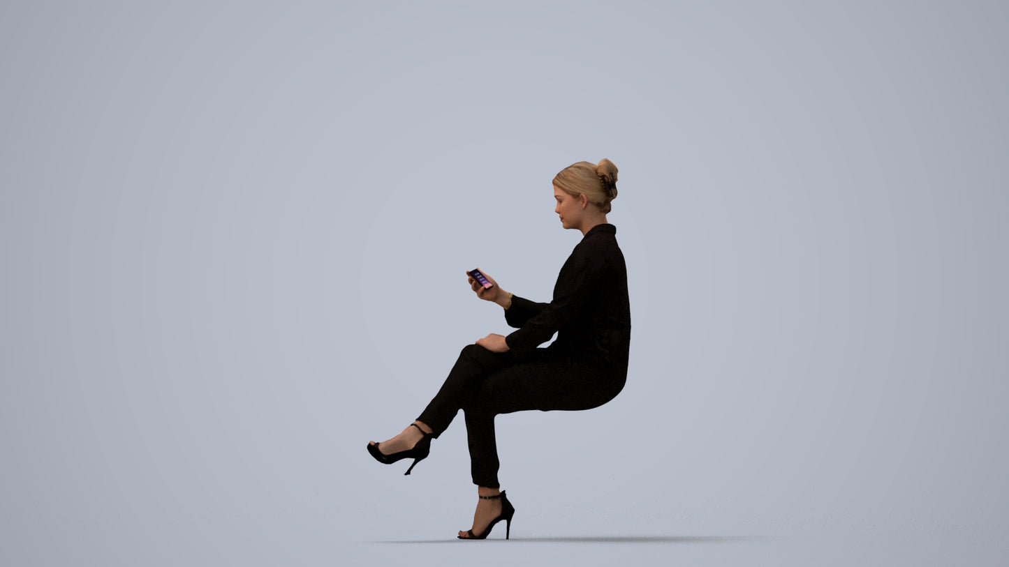 3D human model woman business sitting, photogrammetry scanned person for archviz, three-quarter view render