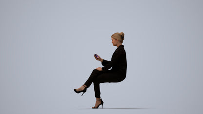 3D human model woman business sitting, photogrammetry scanned person for archviz, three-quarter view render