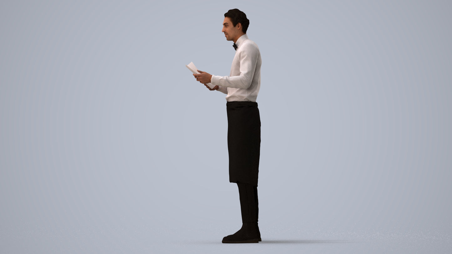 realistic 3D human man hospitality, archviz people FBX OBJ for Blender, three-quarter view render