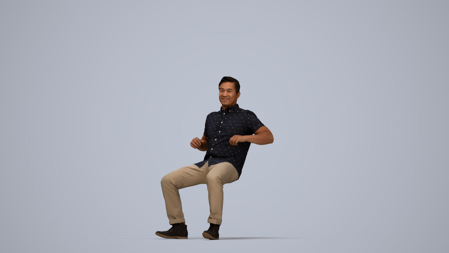 realistic 3D man casual sitting, scanned archviz people for Blender and 3ds Max, top-down view render