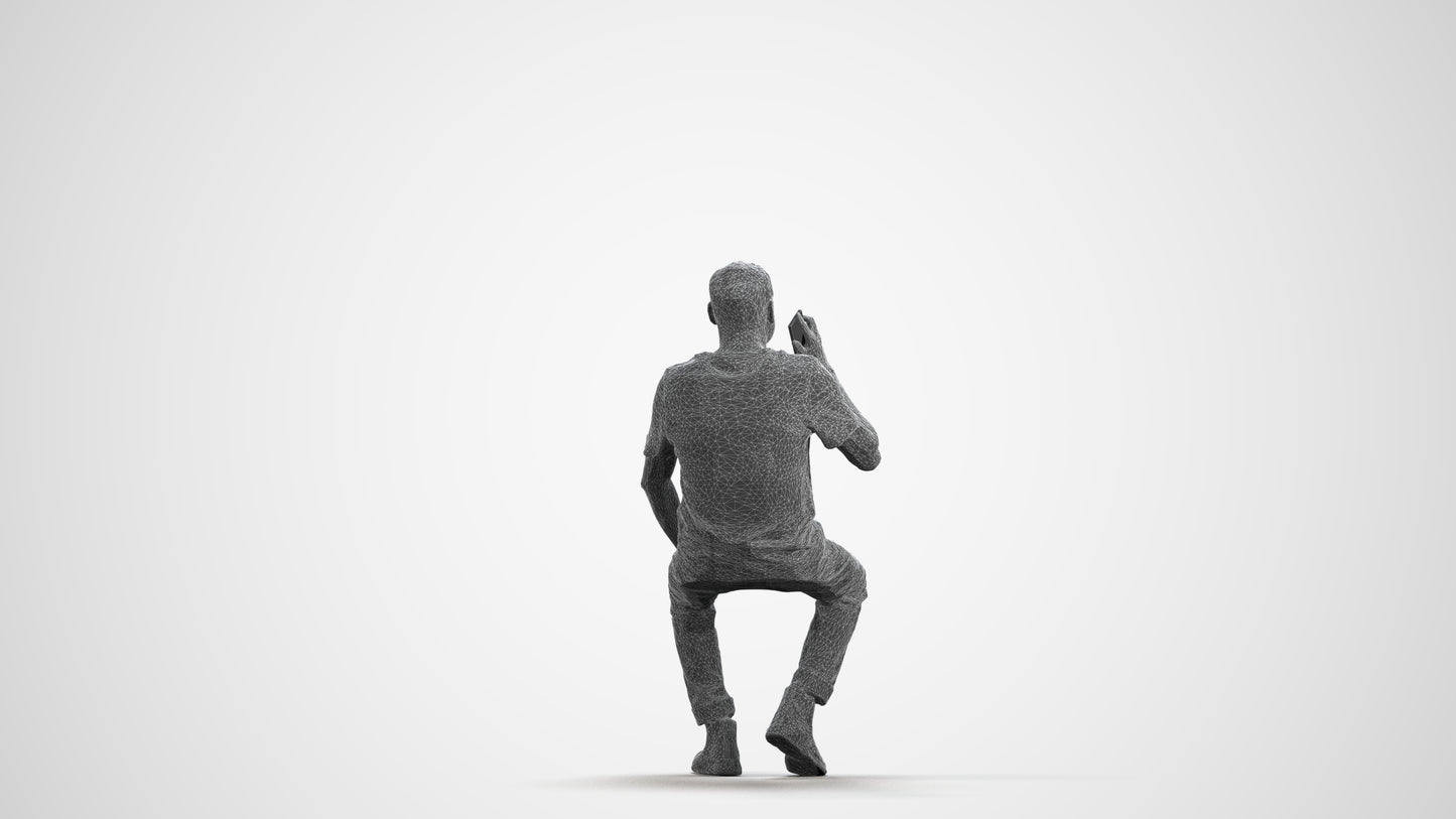 scanned 3D man casual sitting, photogrammetry people for Enscape and V-Ray, wireframe front view