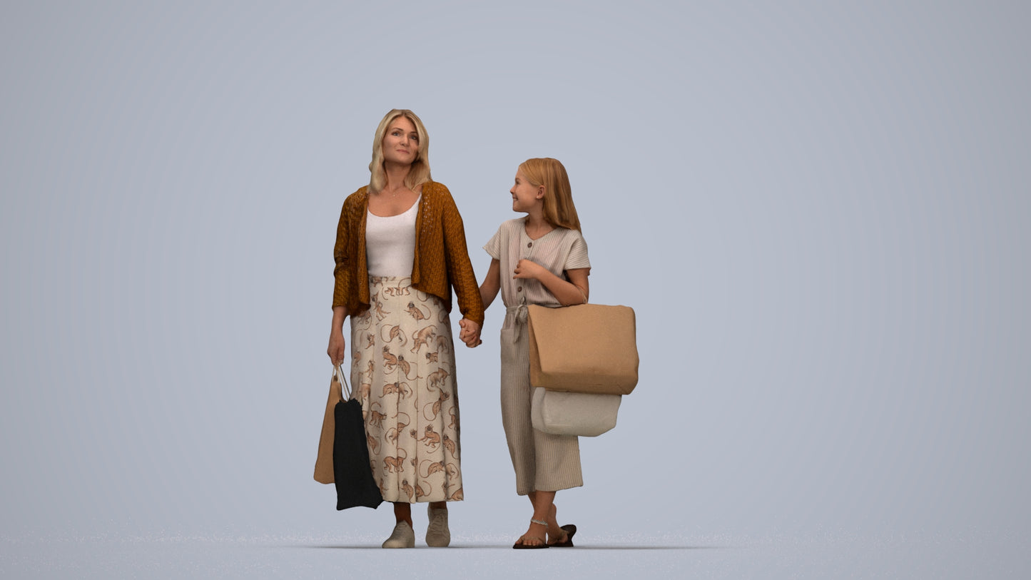 3D human model girl casual shopping, photogrammetry scanned person for archviz, top-down view render