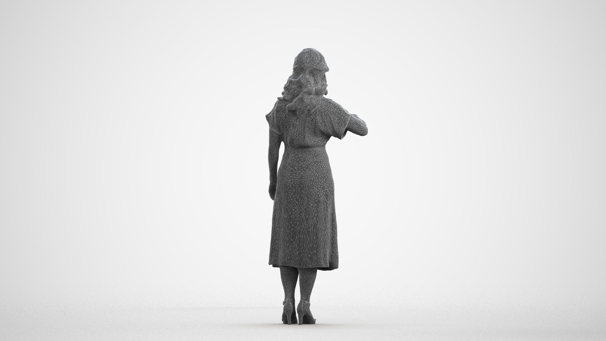 realistic 3D woman casual standing, scanned archviz people for Blender and 3ds Max, wireframe front view