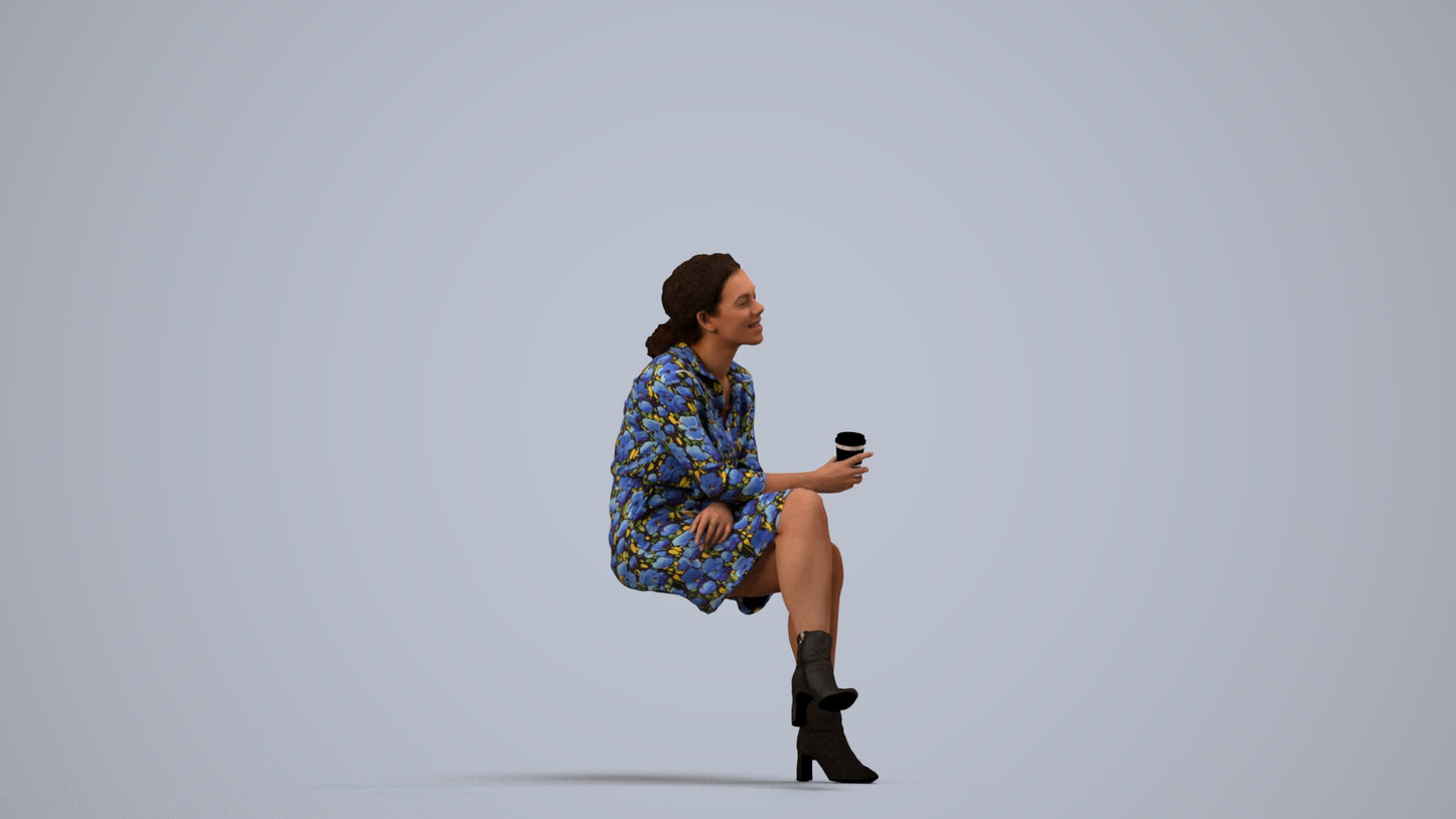 3D scanned woman sitting casual, photorealistic archviz people for Enscape and SketchUp, side view render