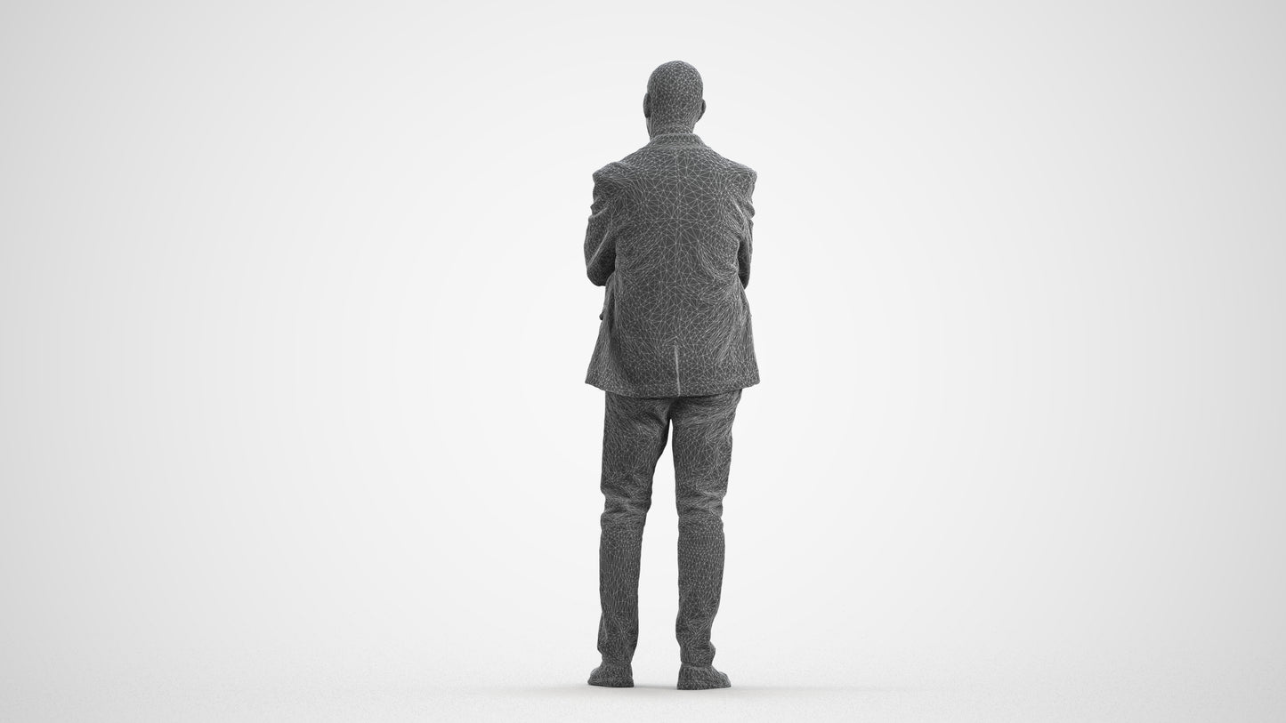 3D human model senior man business, photogrammetry scanned person for archviz, wireframe front view