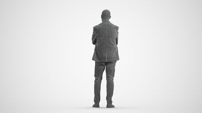 3D human model senior man business, photogrammetry scanned person for archviz, wireframe front view
