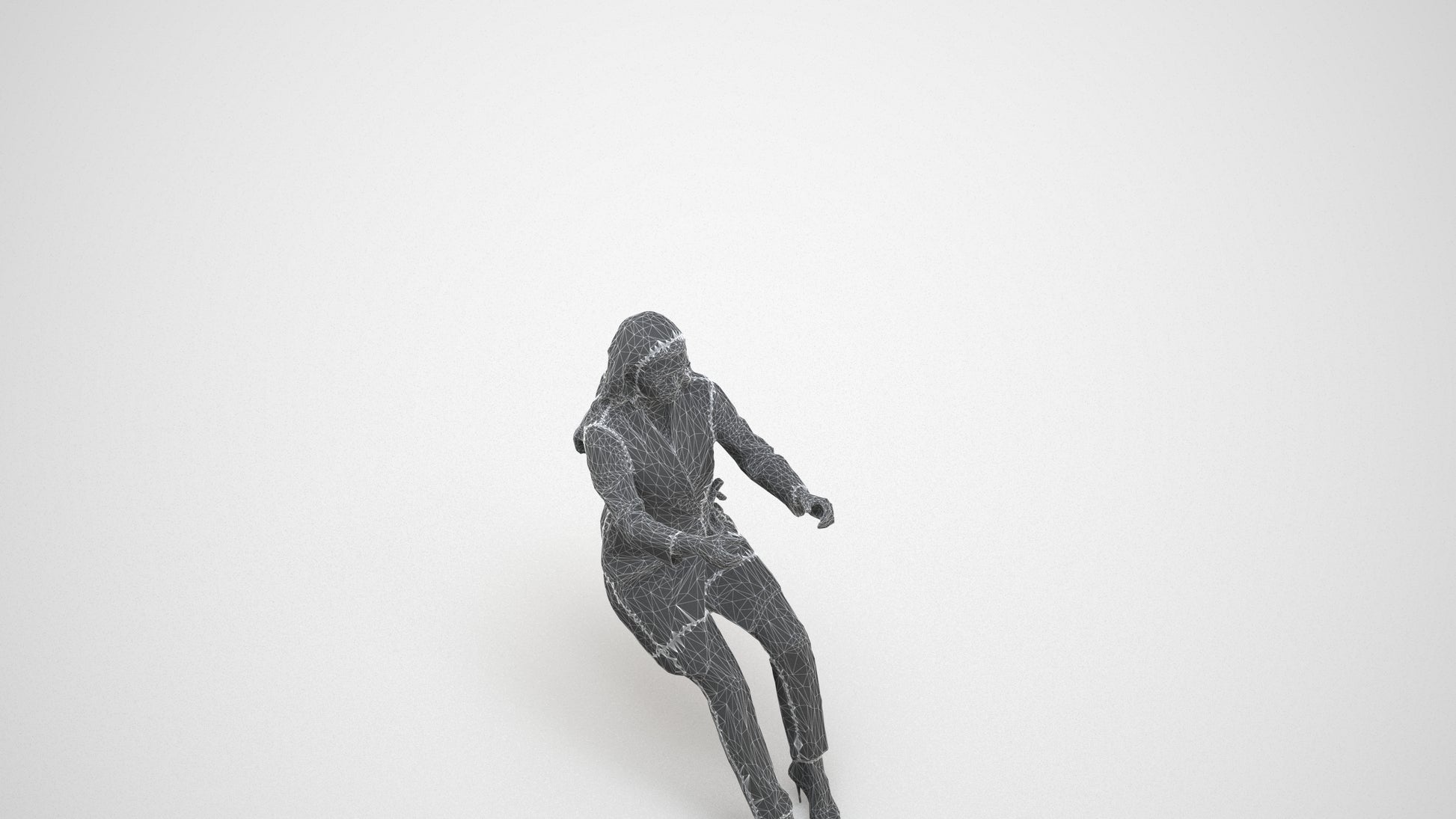 3D human model woman business sitting, photogrammetry scanned person for archviz, wireframe three-quarter view