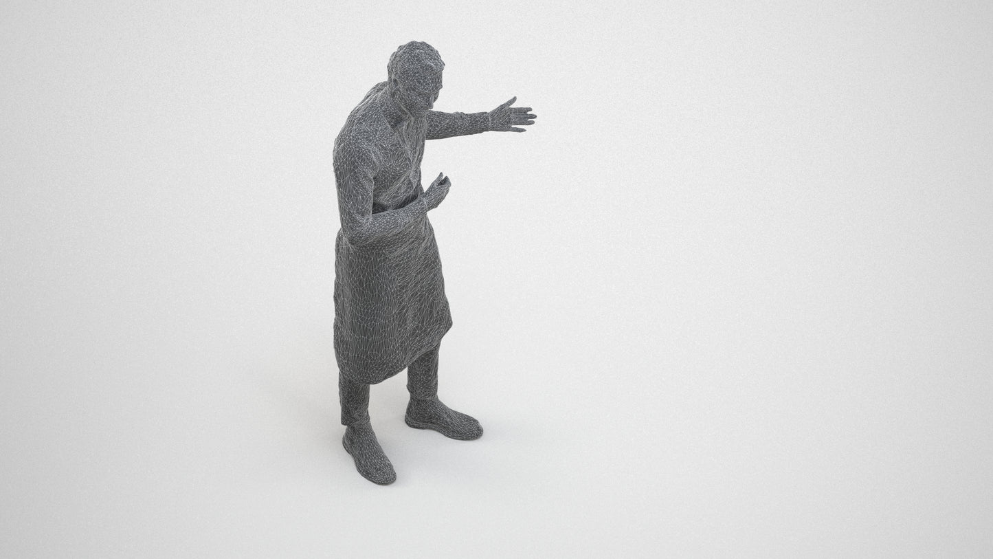 3D human model man hospitality, photogrammetry scanned person for archviz, wireframe three-quarter view