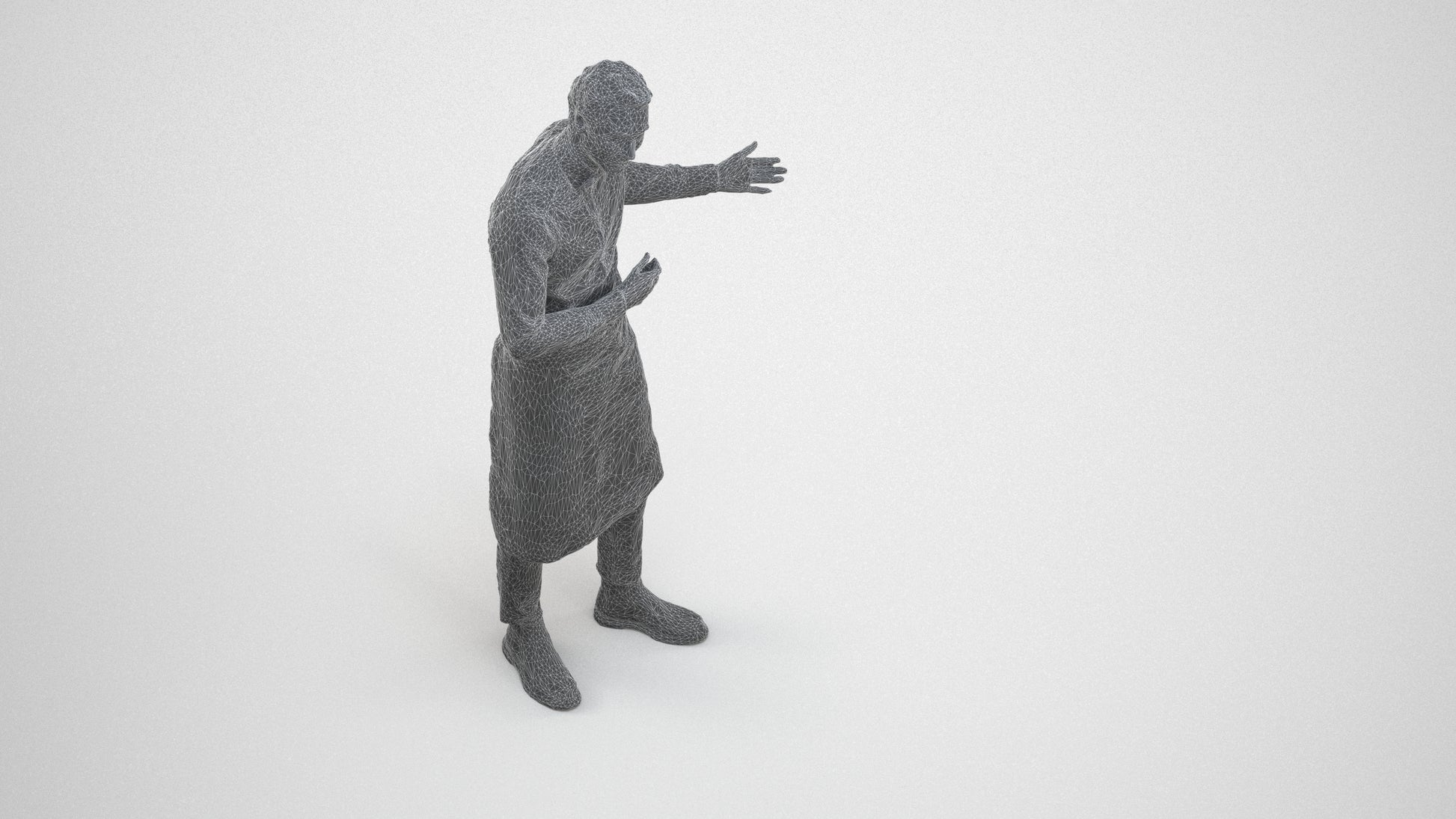 3D human model man hospitality, photogrammetry scanned person for archviz, wireframe three-quarter view