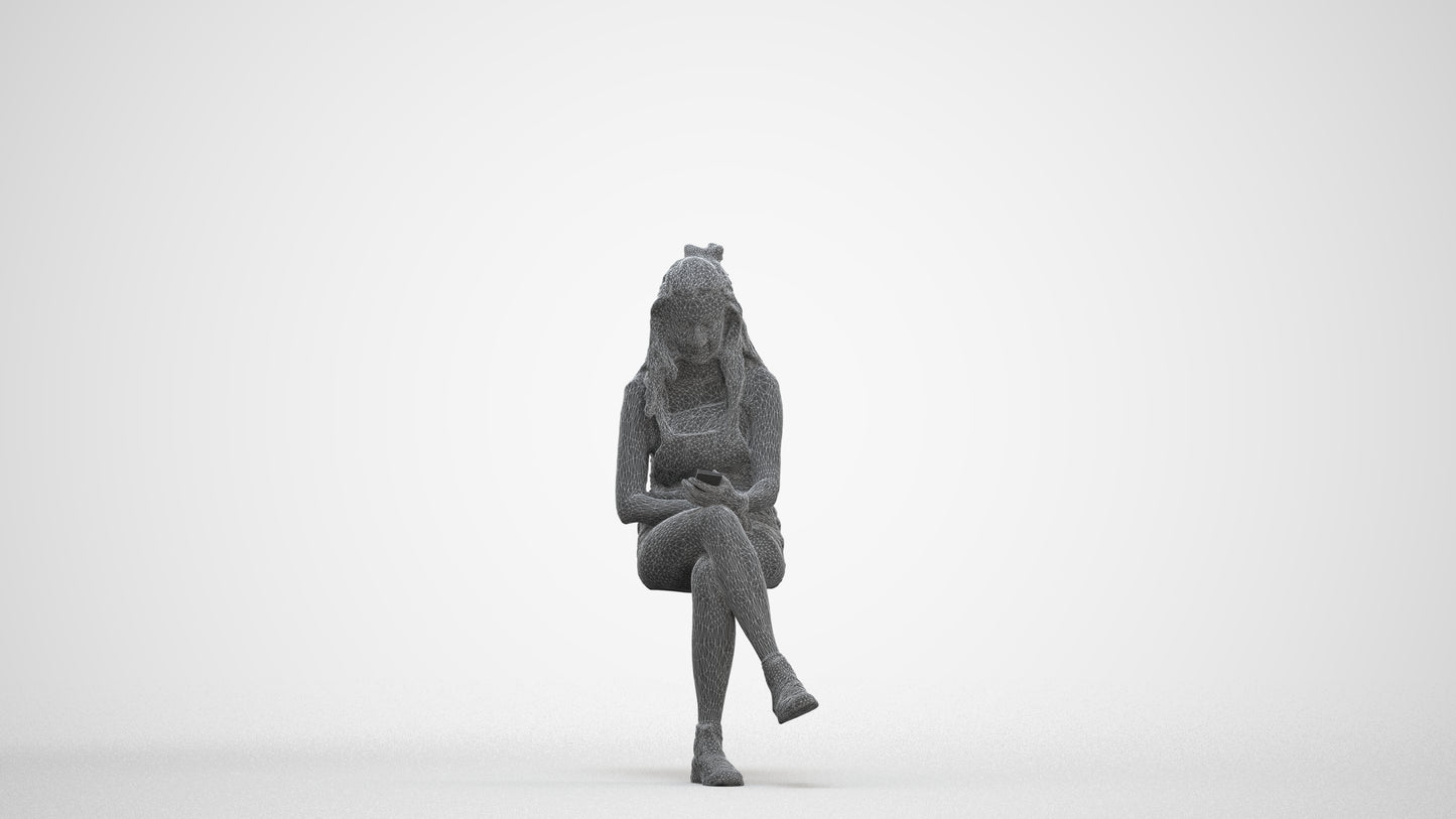 realistic 3D woman casual sitting, scanned archviz people for Blender and 3ds Max, three-quarter front view render