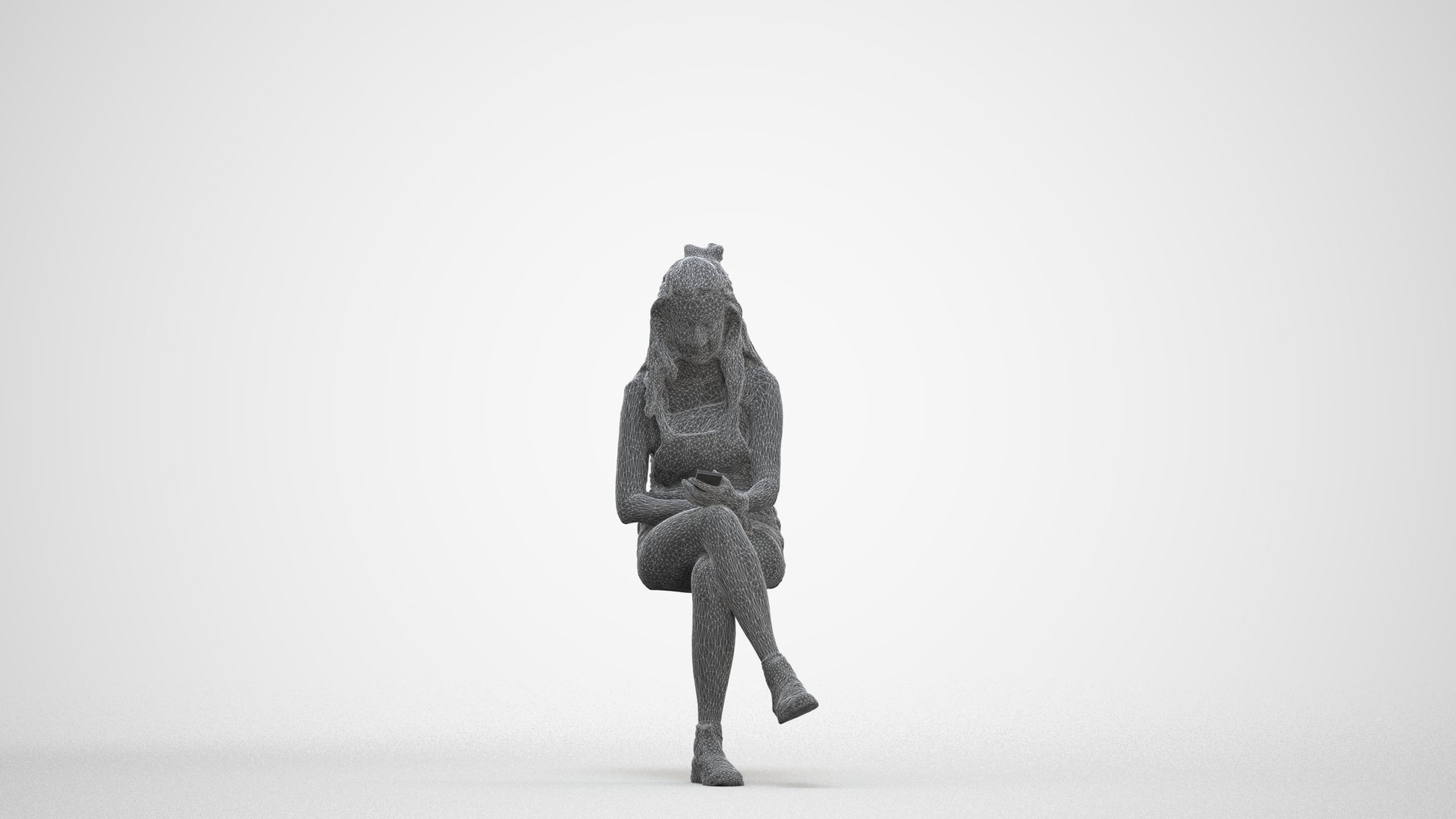 realistic 3D woman casual sitting, scanned archviz people for Blender and 3ds Max, three-quarter front view render