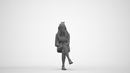 realistic 3D woman casual sitting, scanned archviz people for Blender and 3ds Max, three-quarter front view render