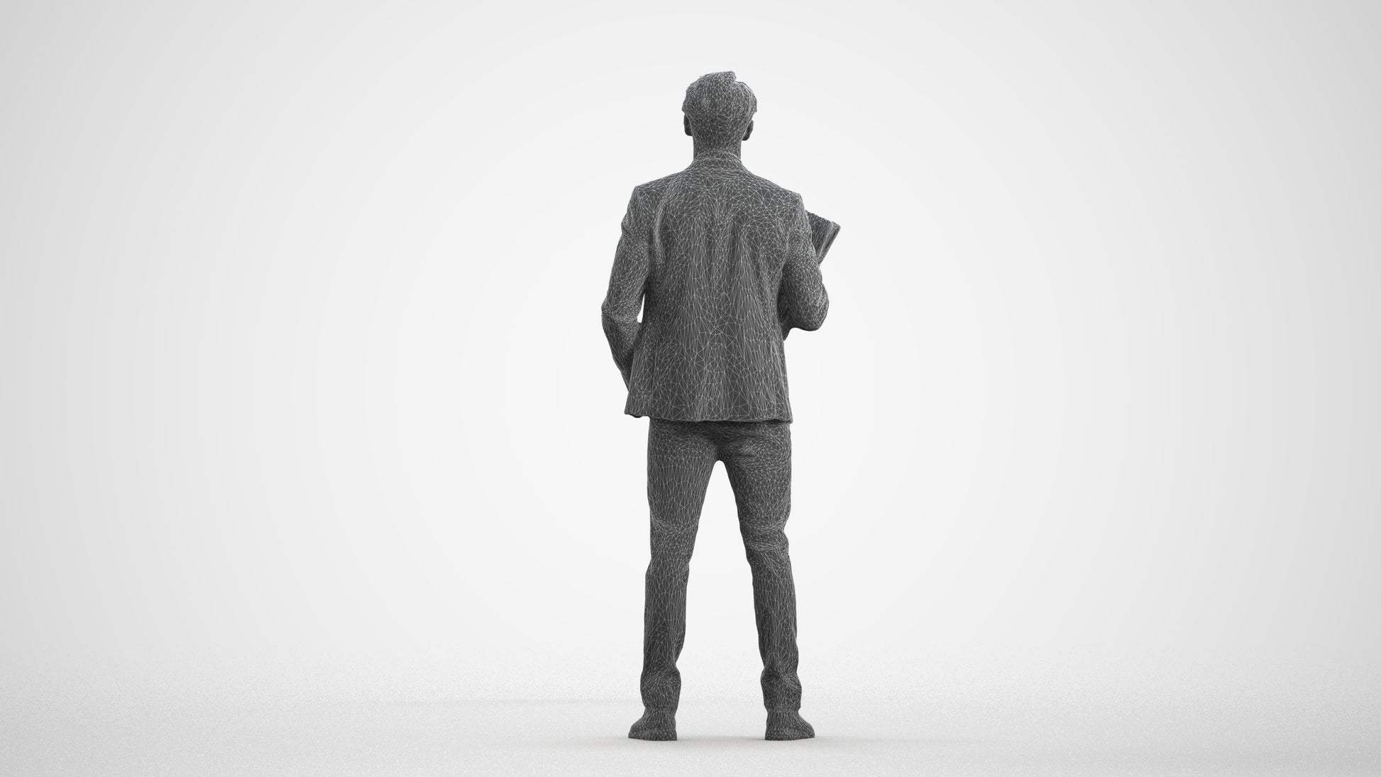 3D human model man business, photogrammetry scanned person for archviz, wireframe front view