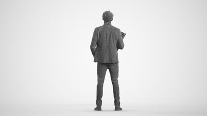 3D human model man business, photogrammetry scanned person for archviz, wireframe front view