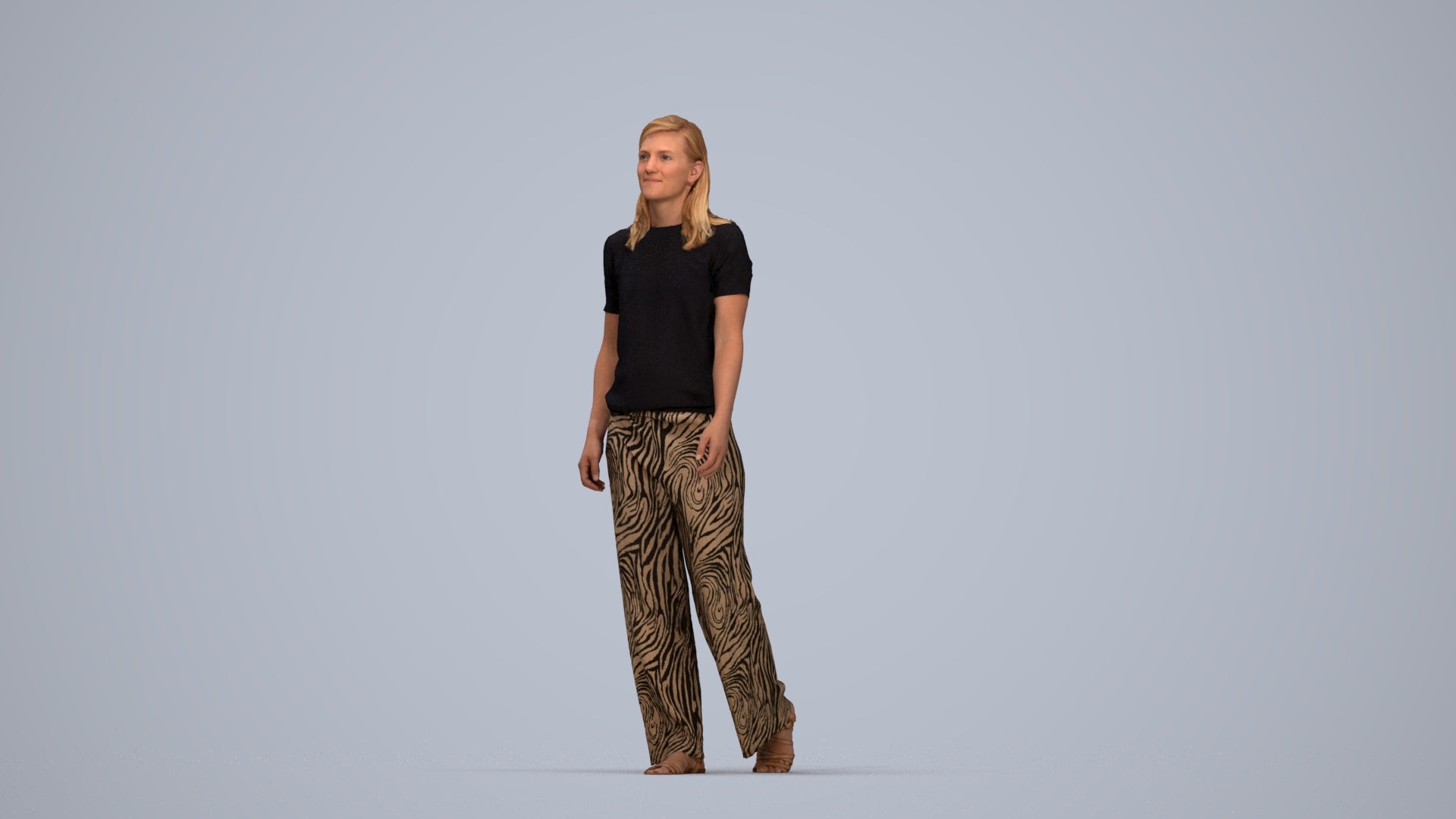 3D scanned woman walking casual, photorealistic archviz people for Enscape and SketchUp, top-down view render