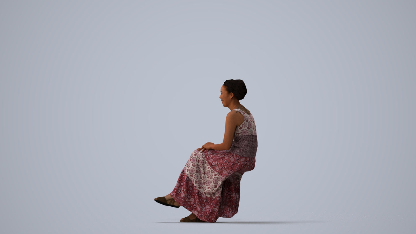 realistic 3D human woman casual sitting, archviz people FBX OBJ for Blender, three-quarter view render