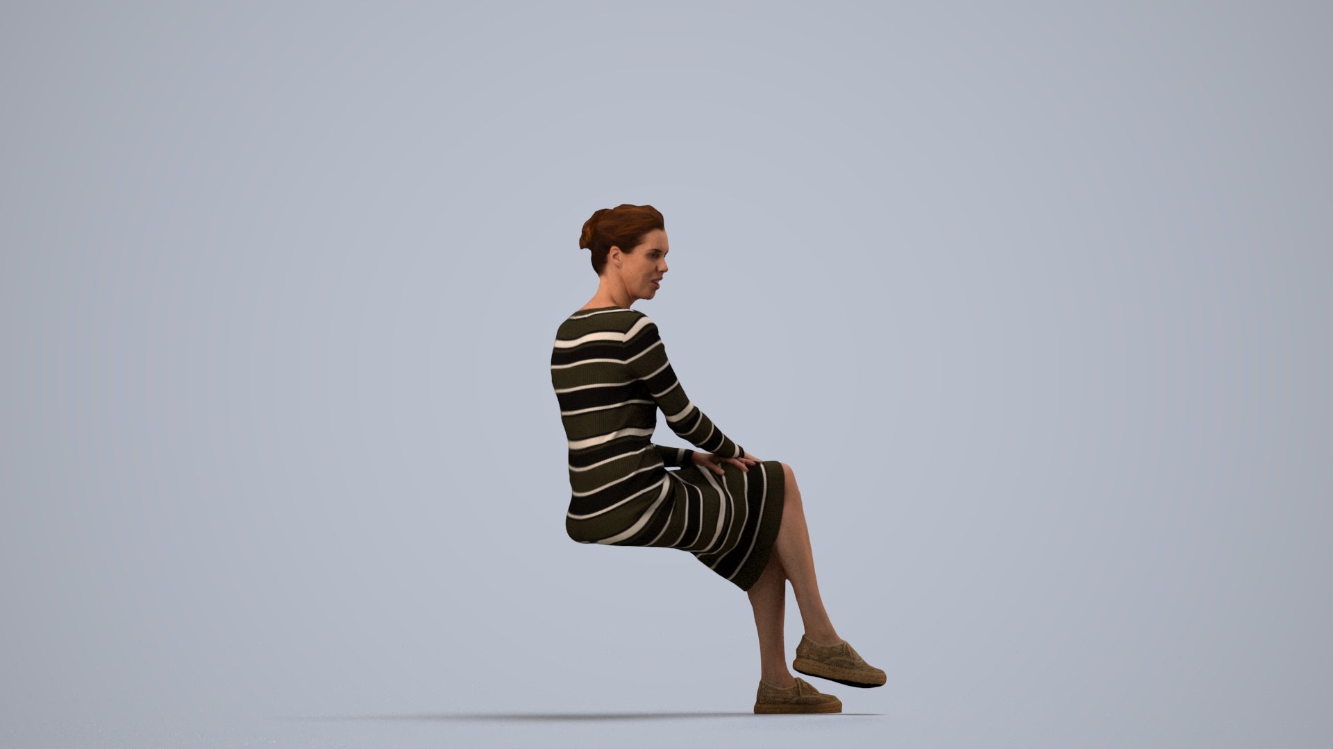 3D scanned woman sitting casual, photorealistic archviz people for Enscape and SketchUp, side view render