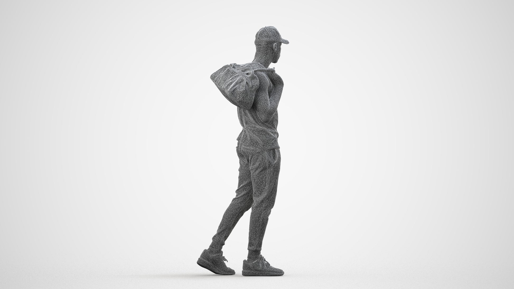 photogrammetry 3D man casual walking, realistic human model archviz FBX, wireframe side view