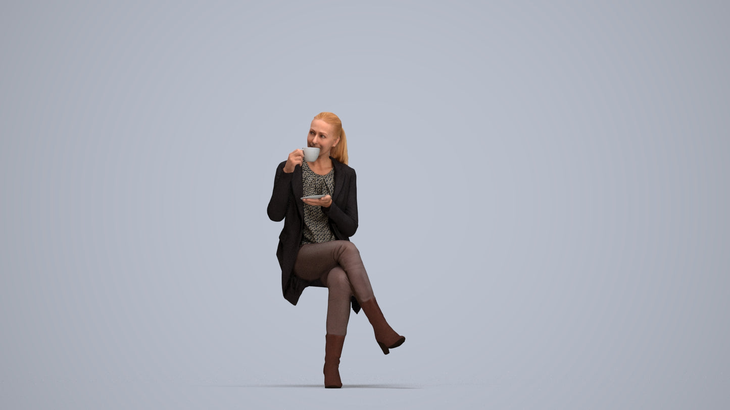 realistic 3D woman business sitting, scanned archviz people for Blender and 3ds Max, top-down view render