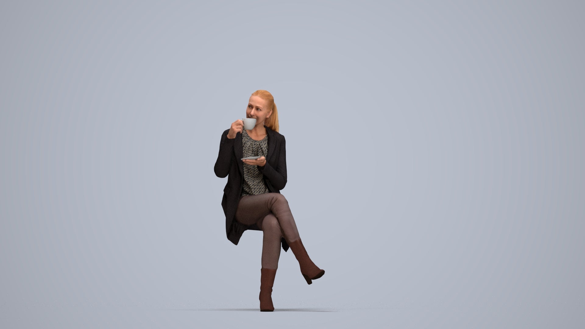 realistic 3D woman business sitting, scanned archviz people for Blender and 3ds Max, top-down view render