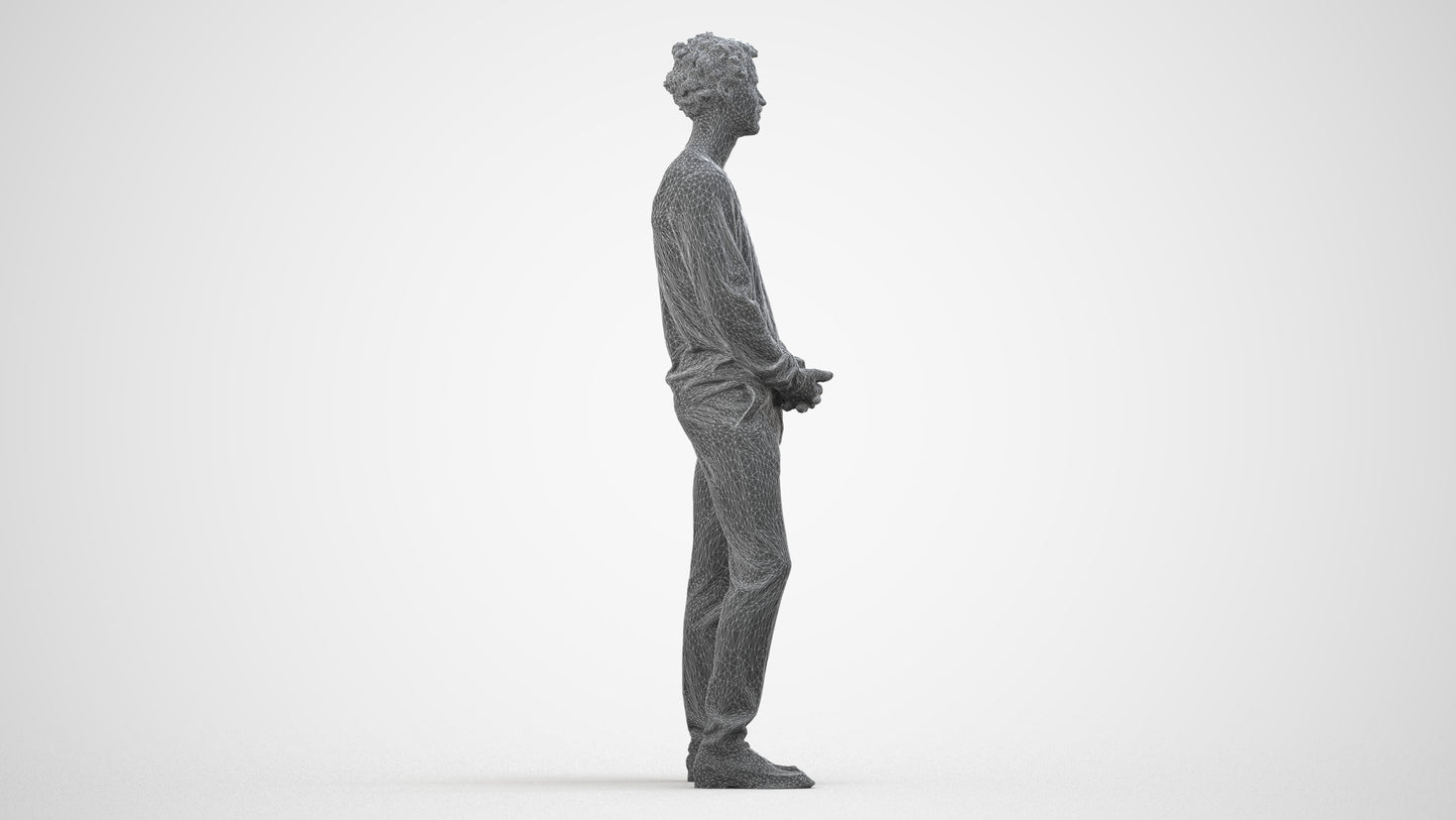 scanned 3D man casual standing, photogrammetry people for Enscape and V-Ray, wireframe side view