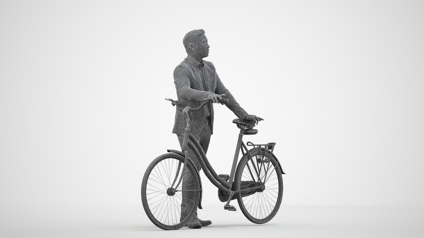photogrammetry 3D man business cycling, realistic human model archviz FBX, wireframe side view