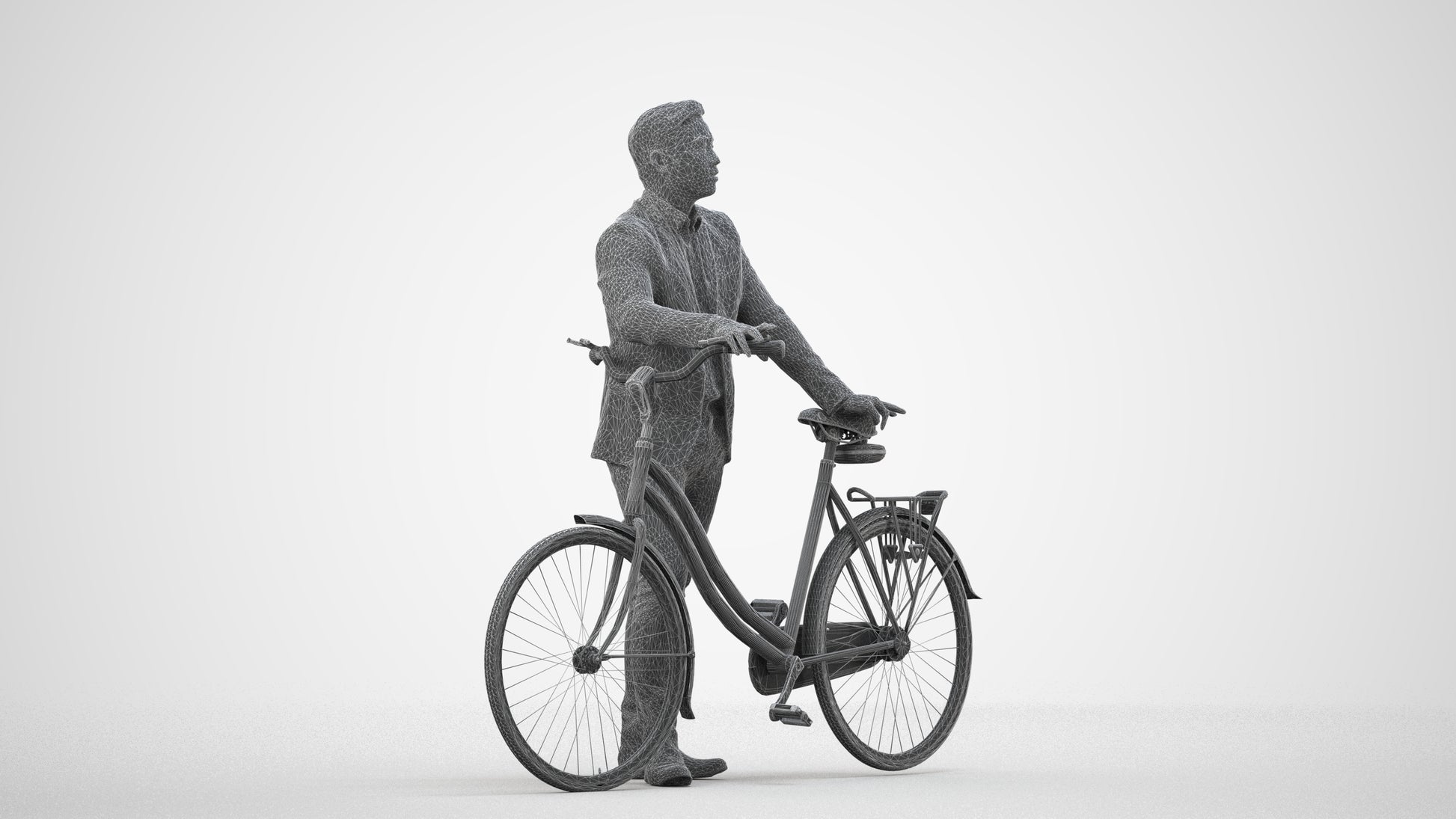 photogrammetry 3D man business cycling, realistic human model archviz FBX, wireframe side view