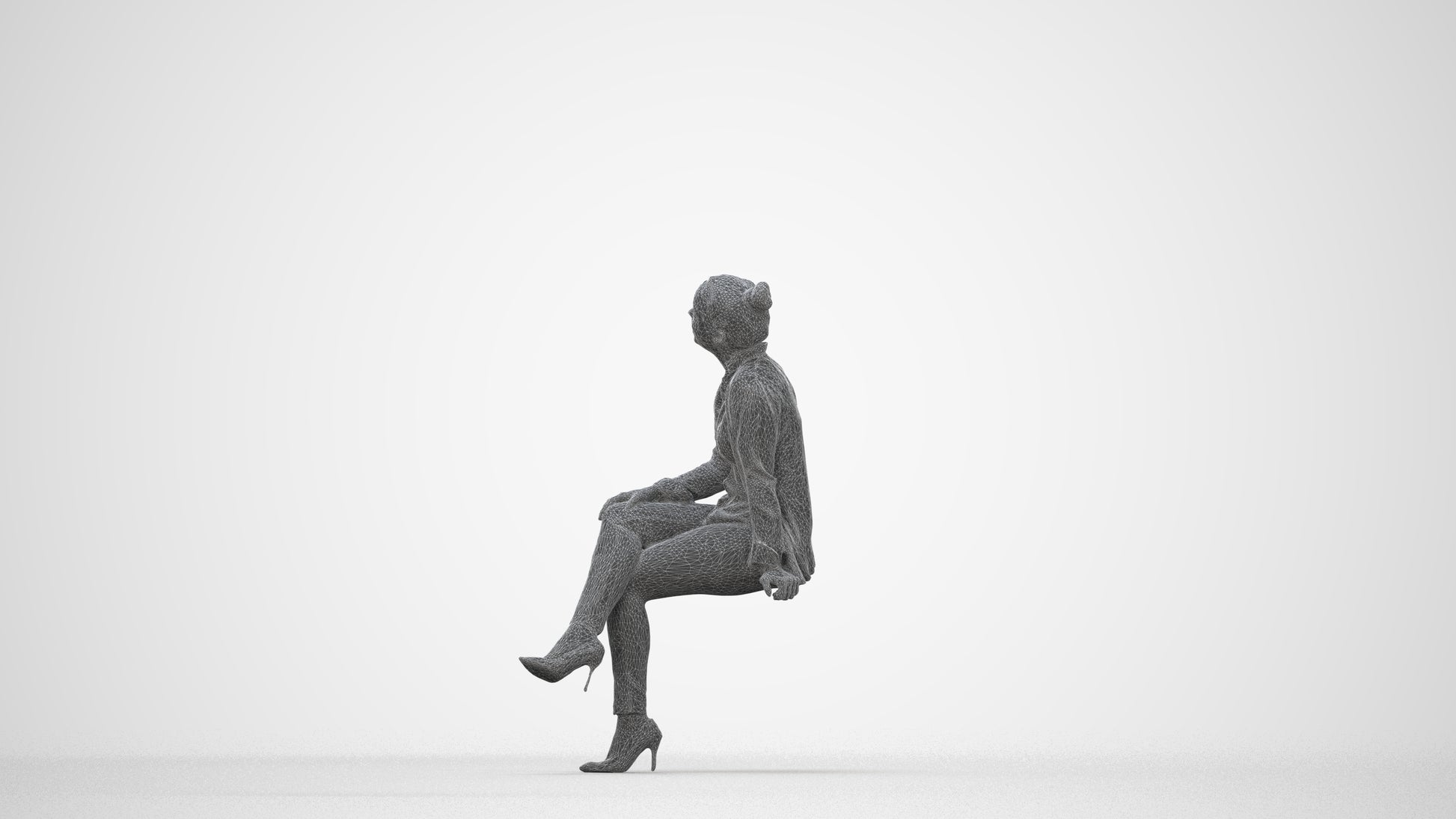 scanned 3D woman business sitting, photogrammetry people for Enscape and V-Ray, wireframe back view