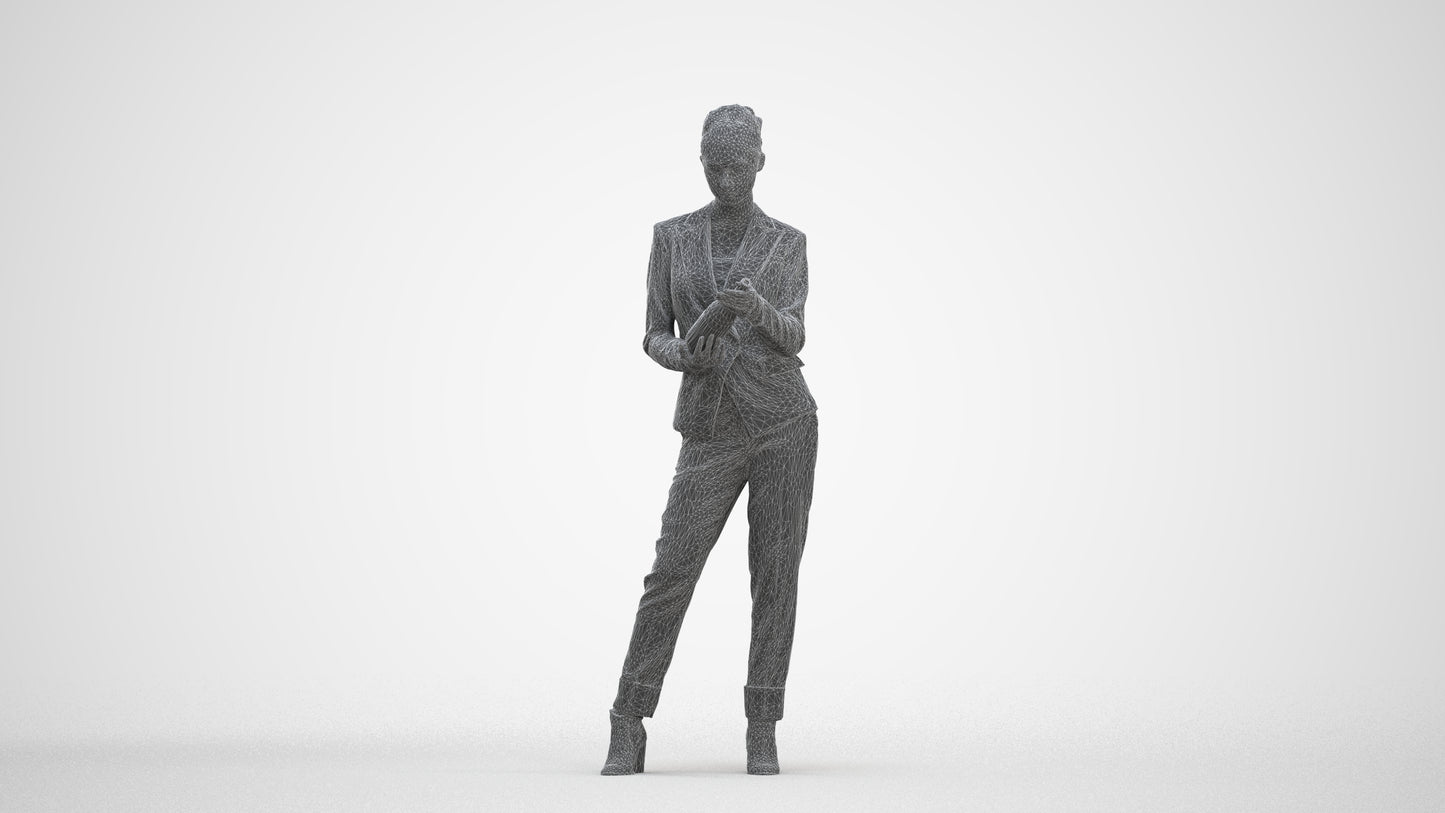 realistic 3D human woman business standing, archviz people FBX OBJ for Blender, three-quarter front view render