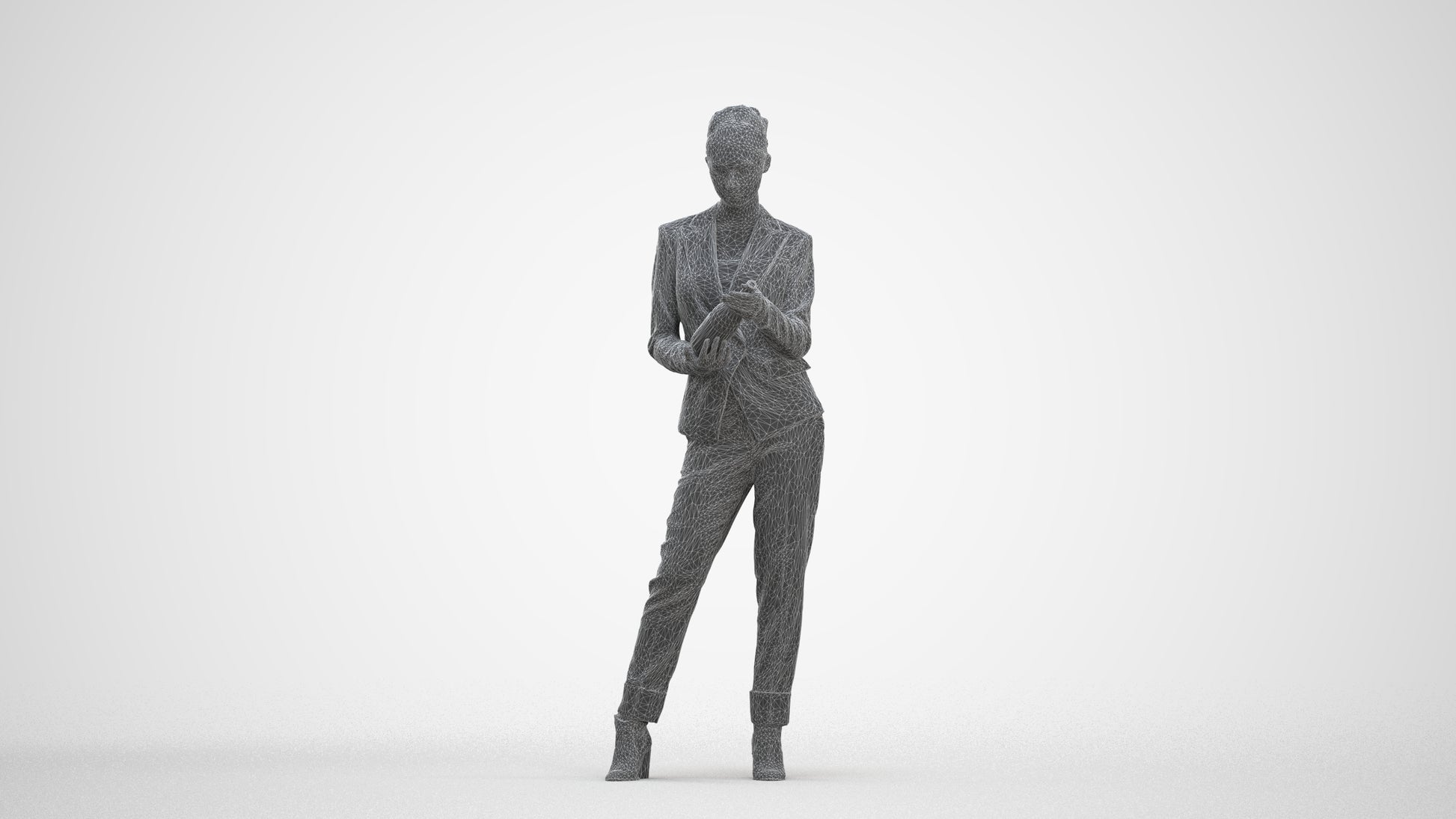 realistic 3D human woman business standing, archviz people FBX OBJ for Blender, three-quarter front view render