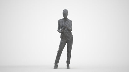 realistic 3D human woman business standing, archviz people FBX OBJ for Blender, three-quarter front view render