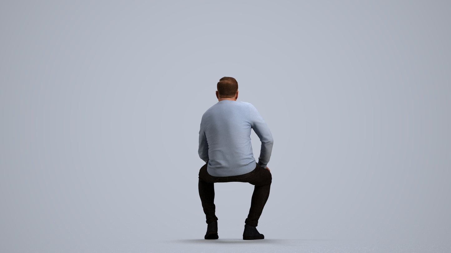 realistic 3D man casual sitting, scanned archviz people for Blender and 3ds Max, front view render