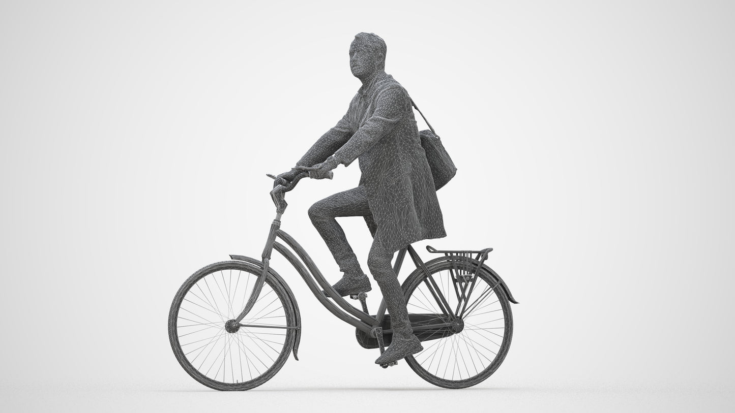 realistic 3D human man business cycling, archviz people FBX OBJ for Blender, wireframe back view