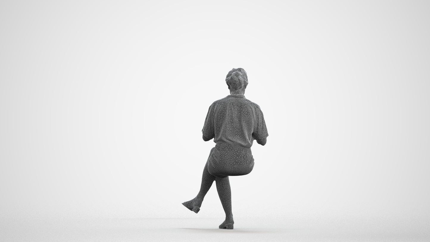photogrammetry 3D woman casual sitting, realistic human model archviz FBX, wireframe front view