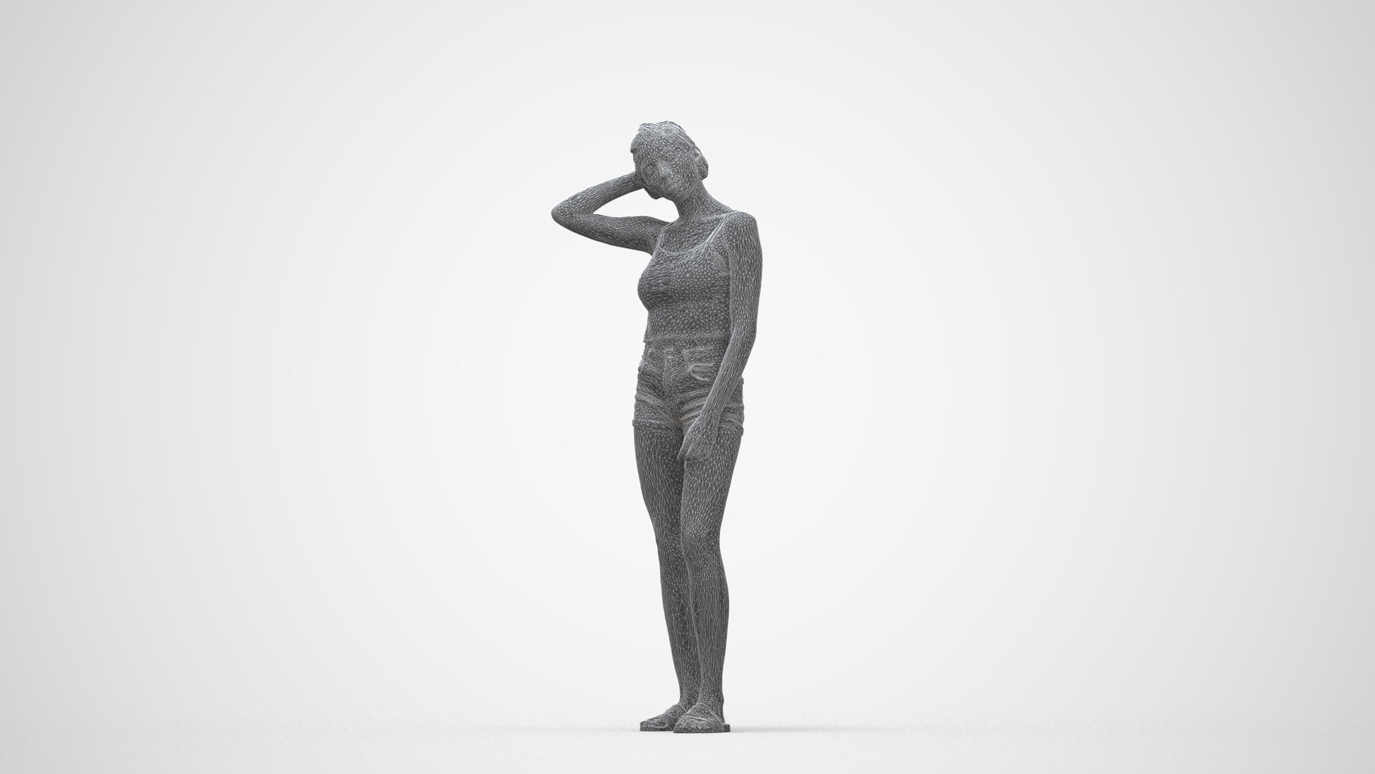 realistic 3D woman casual standing, scanned archviz people for Blender and 3ds Max, wireframe back view
