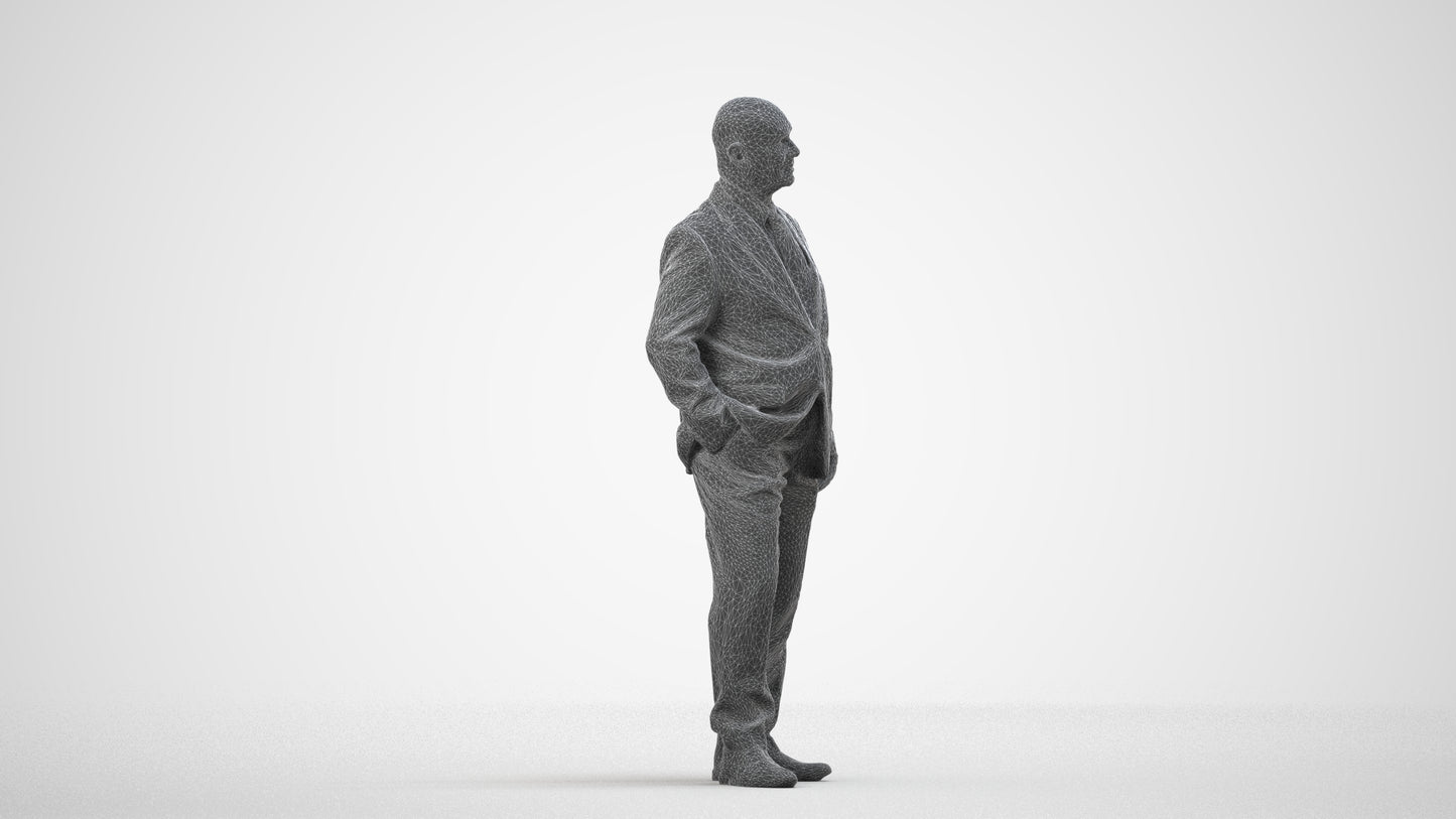 photogrammetry 3D senior man business, realistic human model archviz FBX, wireframe side view
