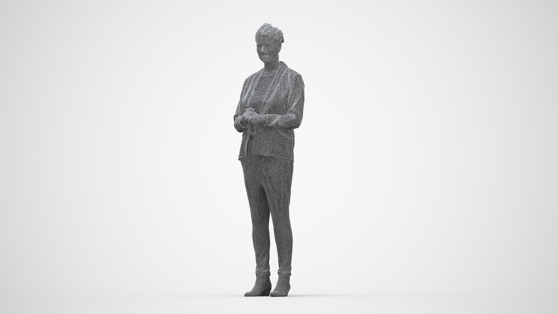 realistic 3D human woman business standing, archviz people FBX OBJ for Blender, wireframe back view