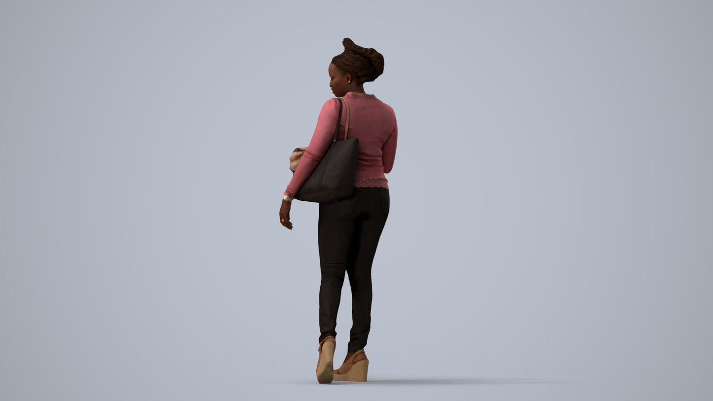 photogrammetry 3D woman casual walking, realistic human model archviz FBX, three-quarter view render