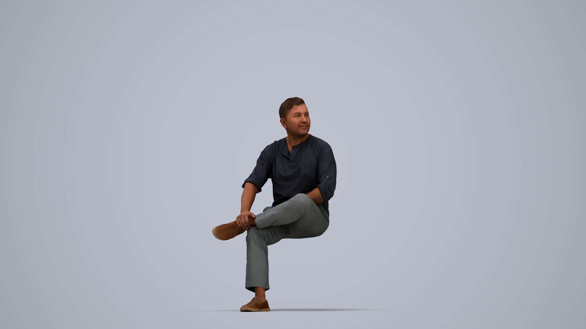 photogrammetry 3D man casual sitting, realistic human model archviz FBX, top-down view render