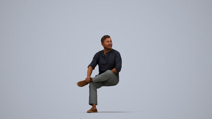 photogrammetry 3D man casual sitting, realistic human model archviz FBX, top-down view render