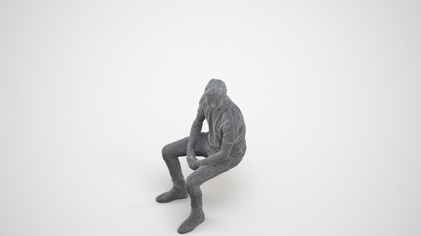 realistic 3D human man casual sitting, archviz people FBX OBJ for Blender, wireframe three-quarter view