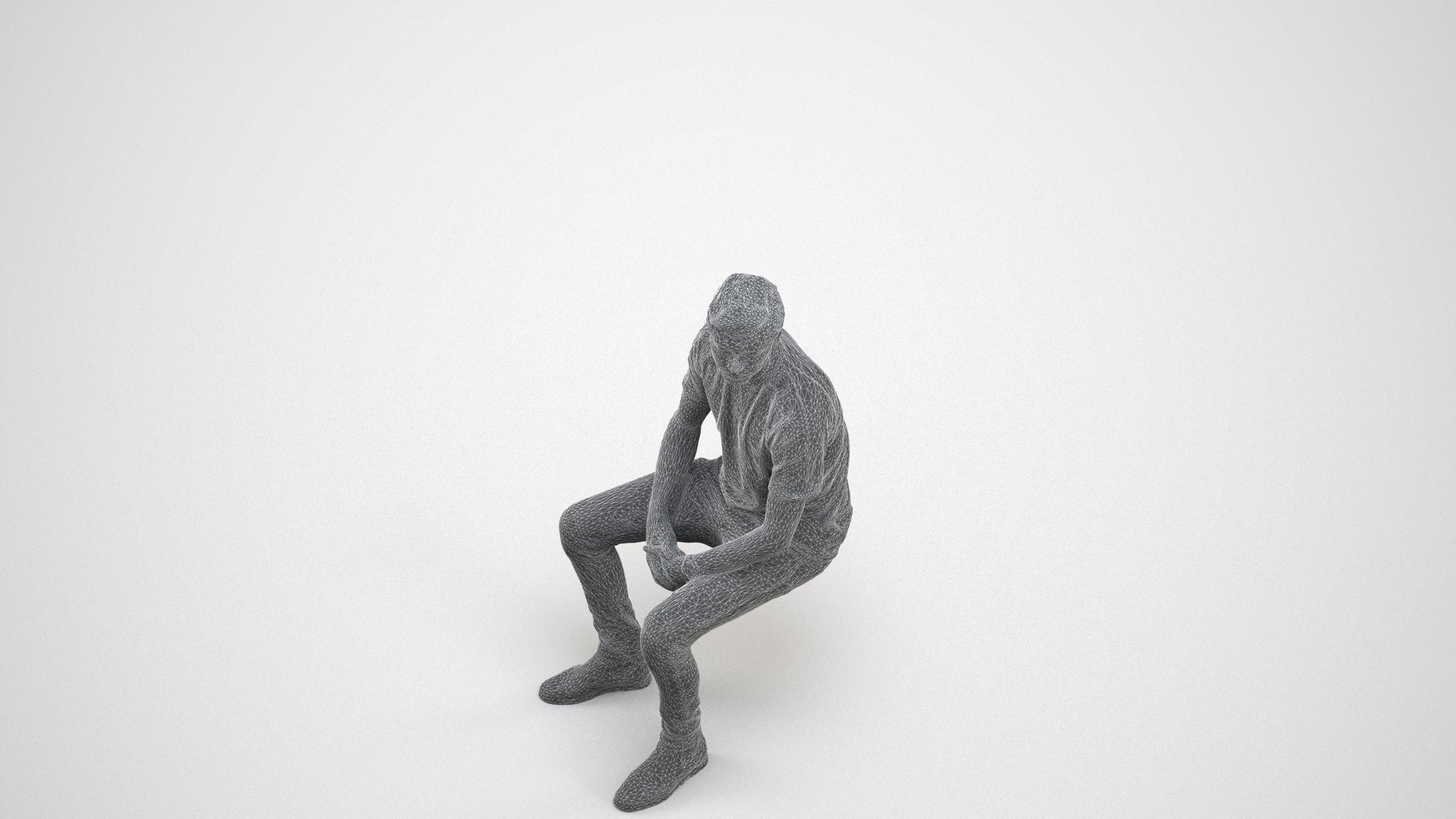 realistic 3D human man casual sitting, archviz people FBX OBJ for Blender, wireframe three-quarter view