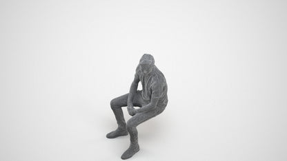 realistic 3D human man casual sitting, archviz people FBX OBJ for Blender, wireframe three-quarter view