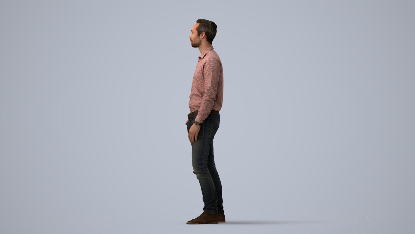 realistic 3D human man casual standing, archviz people FBX OBJ for Blender, three-quarter view render