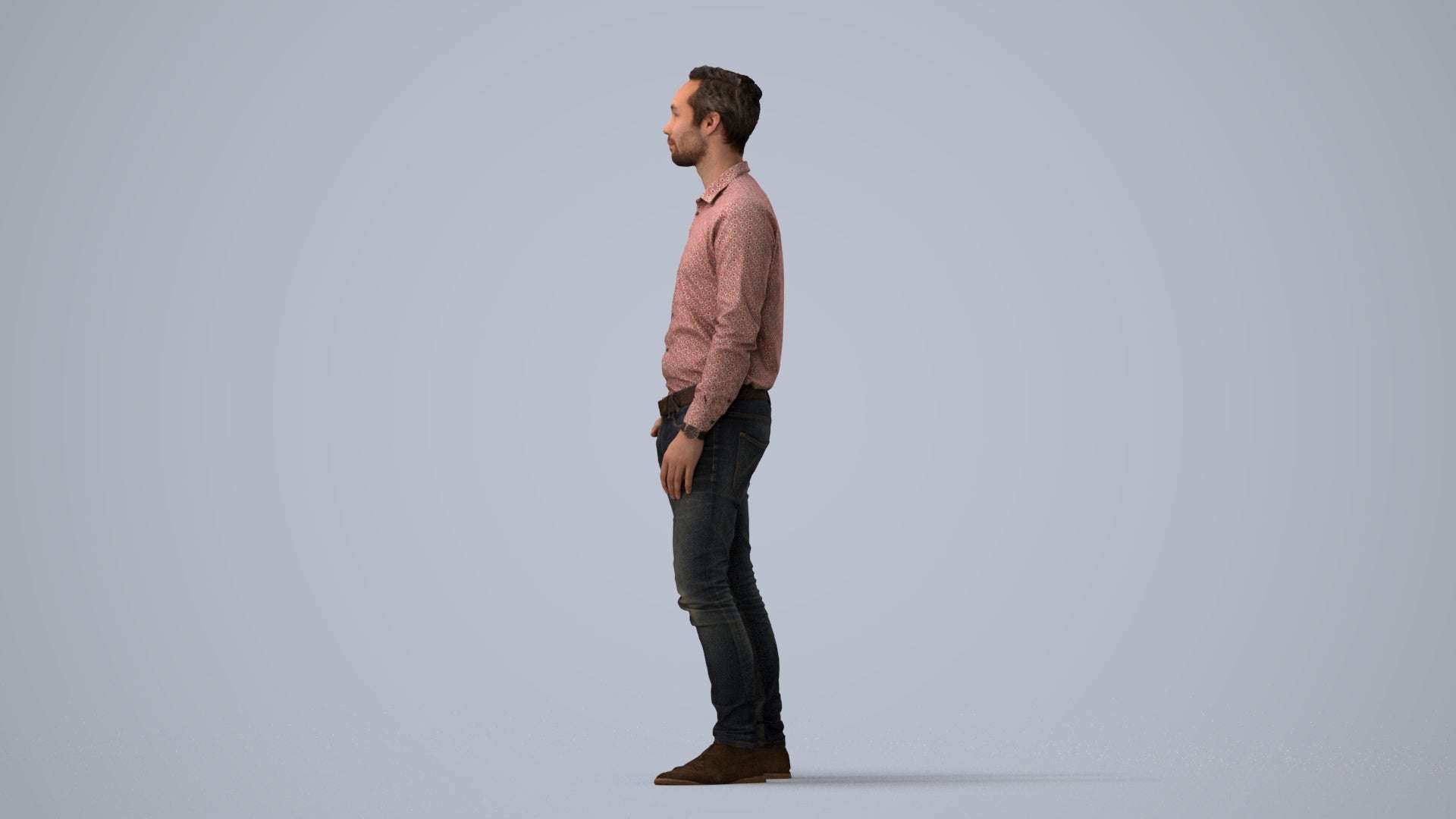 realistic 3D human man casual standing, archviz people FBX OBJ for Blender, three-quarter view render