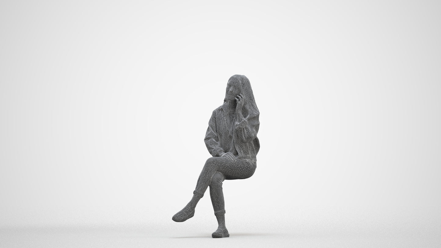 realistic 3D human woman casual sitting, archviz people FBX OBJ for Blender, three-quarter front view render