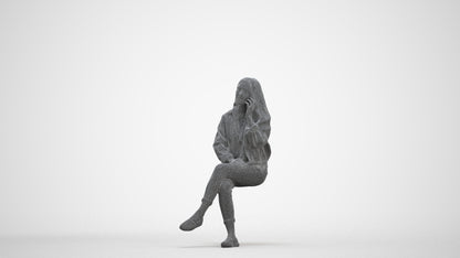 realistic 3D human woman casual sitting, archviz people FBX OBJ for Blender, three-quarter front view render