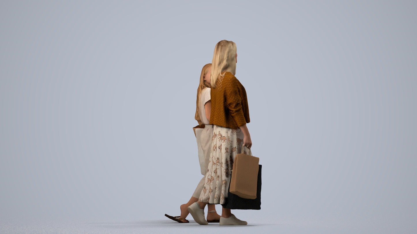 3D human model girl casual shopping, photogrammetry scanned person for archviz, side view render
