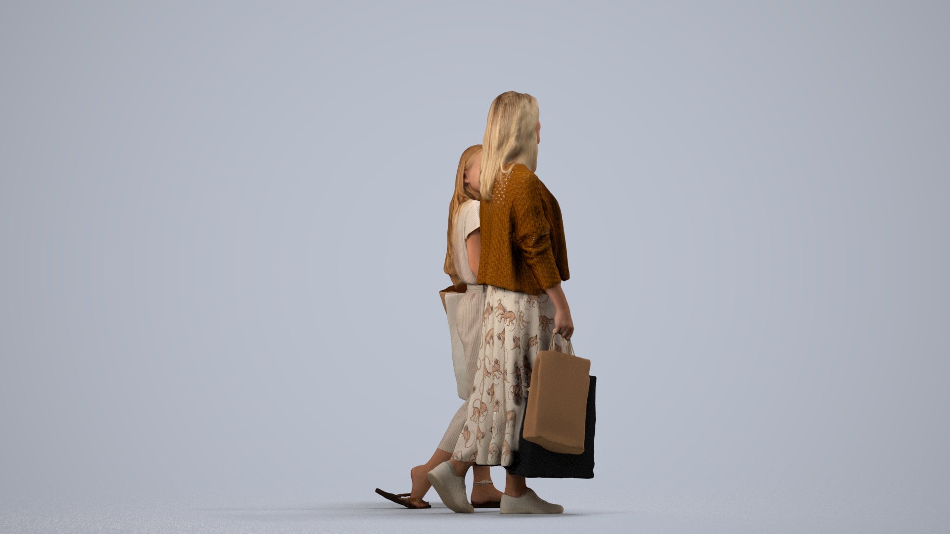 3D human model girl casual shopping, photogrammetry scanned person for archviz, side view render