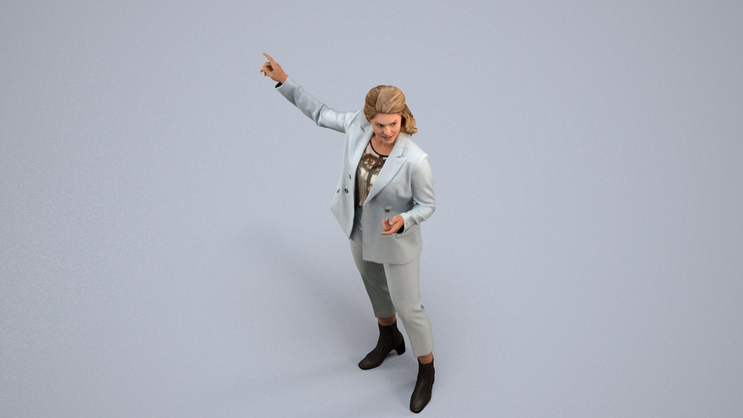 3D human model woman business, photogrammetry scanned person for archviz, back view render